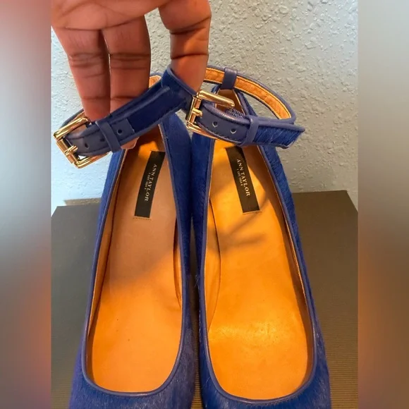 Ann Taylor Platform Wedge Heels Blue Haircalf Leather Ankle Strap Buckle 7M - Picture 4 of 10